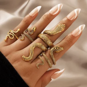 HNSP Vintage Long Snake Ring Set For Women Gothic Black Gold Silver Color Adjustable Finger Jewelry Accessories Female Gift