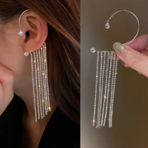 Korean Long Tassel Crystal Chain Ear Cuff Clip Earrings for Women Fashion Shining Rhinestone Earring Non-Piercing Party Jewelry